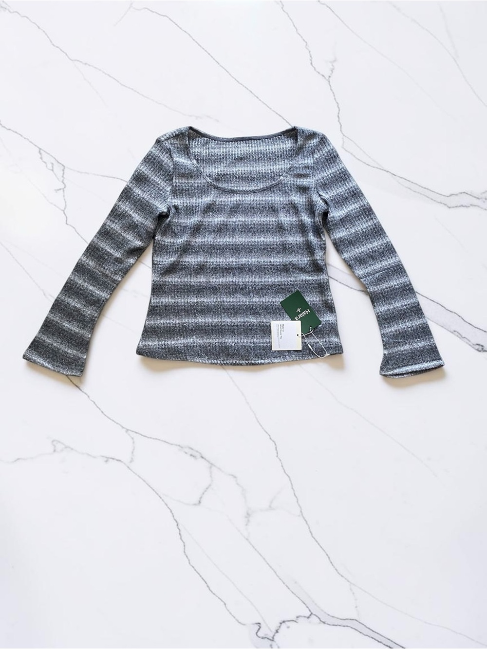 Scoop Neck Long Sleeve Waffle Gradient Stripe Knitted Casual T-Shirt